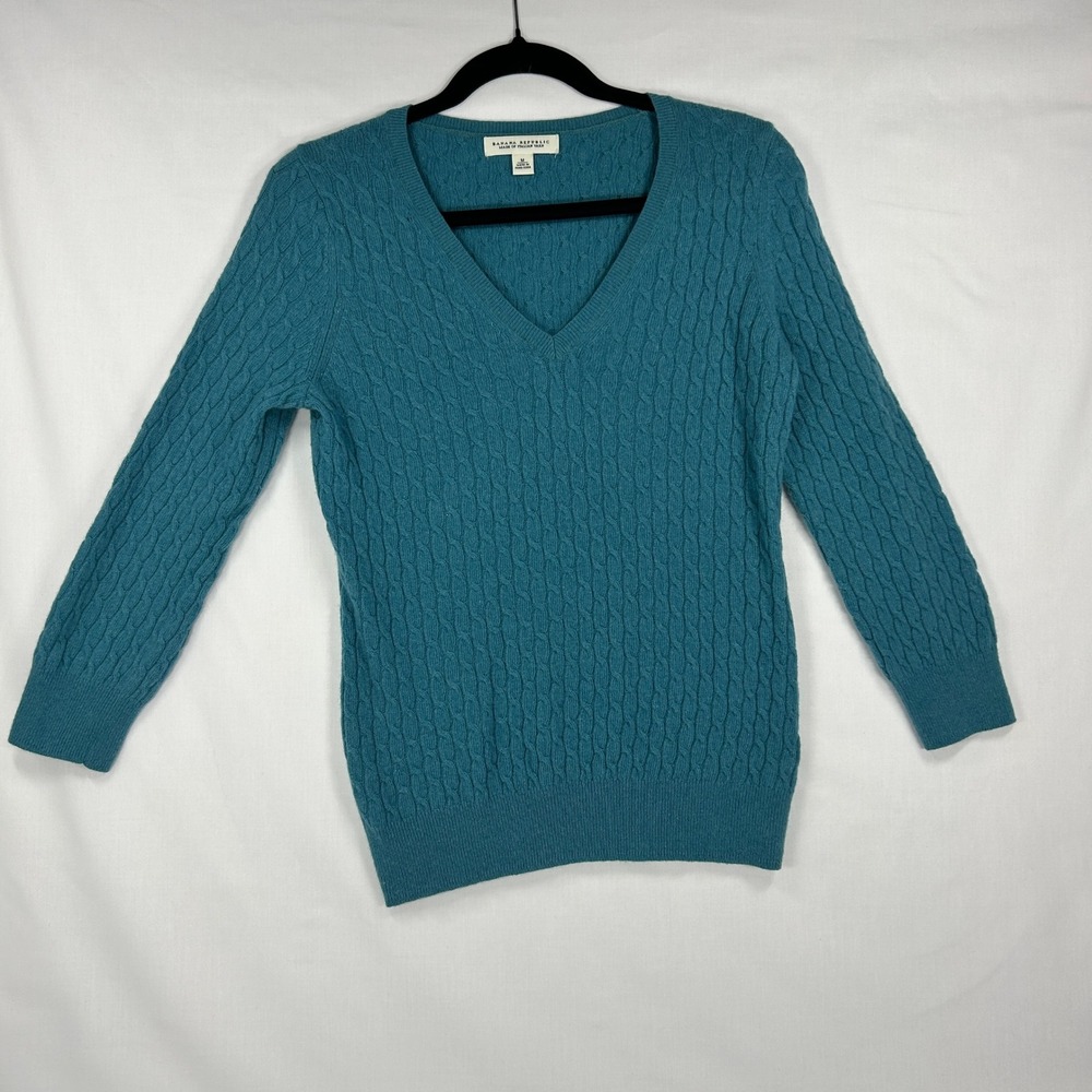 Banana Republic Teal Blue V-Neck Cable Knit Sweater Size Medium